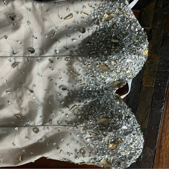 Terani Couture Strapless Beaded Dress in Cream and Green - Picture 4 of 9